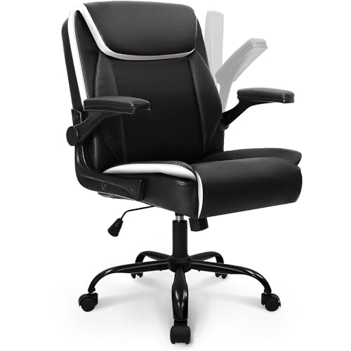 NEO CHAIR PU Leather Office Desk Chair with Adjustable Arms, Black White | Ergonomic Mid Back Computer Desk Chair Comfy with Wheels Swivel Rolling for Home Office Gaming Study - color: Black White