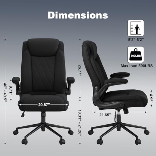 ralex-chair 2 Pack Big and Tall Office Chair -500 lb Heavy Duty Office Chair for Big Man, Fabric High Back Executive Office Desk Chair with 120° Tilt Rock,Computer Desk Chair with flip up arm - Black - color: Black, size: set of 2