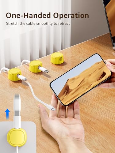12 Pack Magnetic Cable Clips – [One-Snap Lock] Phone Cord Holder for Desk, Adhesive Magnetic Cord Organiser for Nightstand, Wall, Car – Under Desk Cable Management for Office, Home - color: yellow