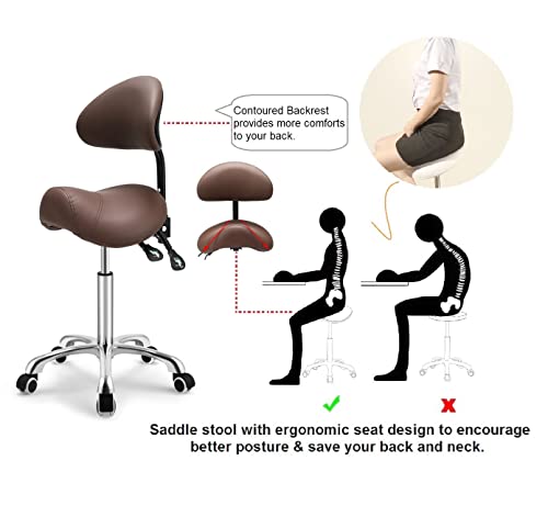 Kaleurrier Saddle Stool with Back Rest,Swivel Rolling Saddle Chair - color: Coffee, style: With Back