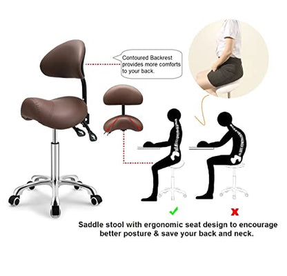Kaleurrier Saddle Stool with Back Rest,Swivel Rolling Saddle Chair - color: Coffee, style: With Back