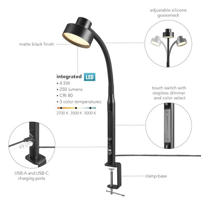 Globe Electric 15" LED Integrated Matte Black Clamp Desk Lamp with Adjustable Silicone Gooseneck - color: Matte Black, Isaac