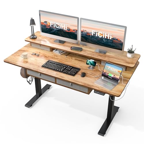 FiCiHi 63x30Inch Standing Desk with Drawers,Electric Height Adjustable Desk | Computer Sit Stand Desk,Large Workspace, 30 Inch Deep Home Office Desk with Monitor Stand, USB Charging Port,Cable Management - color: Light Rustic, size: 63*30inch