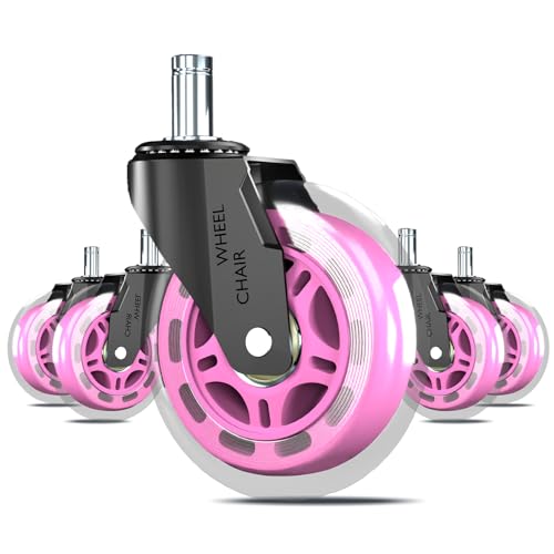 Pink Office Chair Wheels Replacement 3" Rubber Casters 7/16" Stem,Universal Fit Most Office Gaming Chairs,Smooth Quiet Rolling,Floor Protection for Hardwood Carpet Tile Floors,Set of 5 - color: Pink, size: 11mm-Fit Most