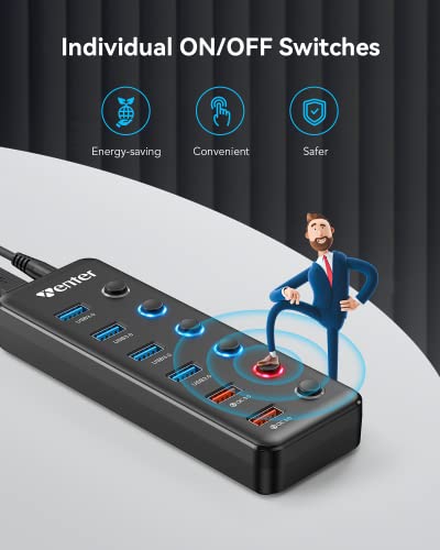 Powered USB Hub, Wenter 6-Port USB 3.0 Hub Splitter (4 USB 3.0 Data Ports + 2 QC 3.0 Fast Charging Ports) with Individual LED On/Off Switches, USB Hub 3.0 Powered with 36W AC Adapter for Mac, PC - size: 4 USB 3.0 Ports + ２Fast Charging ports