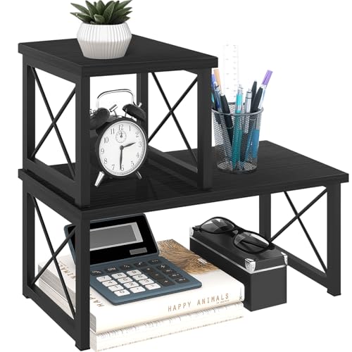 ELITEROO Wood Desktop Shelf, Freestanding Small Bookshelf Dorm Supplies Organizers, 2 Tier Independent Stackable Desk Stand, Adjustable Storage Organizer, Kitchen Counter Display Rack, Black - color: Black