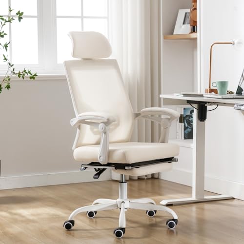 Qulomvs Mesh Ergonomic Office Chair with Footrest Home Office Desk Chair with Headrest and Backrest 90-135 Adjustable Computer Executive Desk Chair with Wheels 360 Swivel Task Chair - color: Cream White With Footrest
