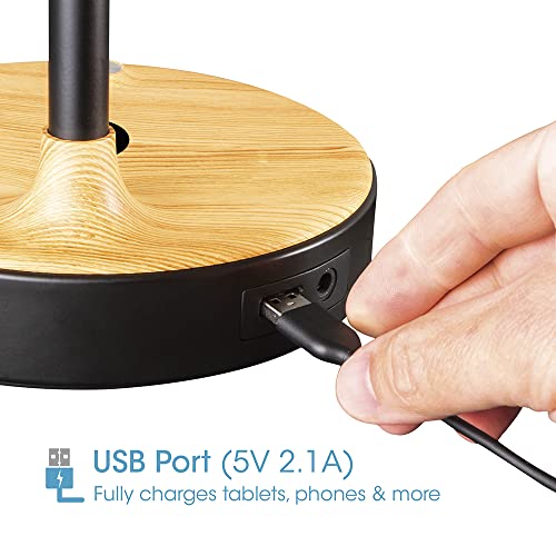 OttLite LED Table Lamp with Wireless Charging and USB, Black with Wood | ClearSun LEDs Reduce Eyestrain | 3 Color Temperature Modes | Movable Pivoting Shade | Extends 21"-25" Tall - color: Brown