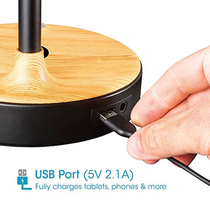 OttLite LED Table Lamp with Wireless Charging and USB, Black with Wood | ClearSun LEDs Reduce Eyestrain | 3 Color Temperature Modes | Movable Pivoting Shade | Extends 21"-25" Tall - color: Brown