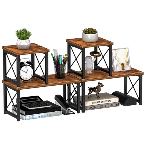 Honiter 2 Sets Desk Shelf, Desktop Organizer Shelf, 2 Tier Independent Stackable Desktop Shelves, Desktop Office Storage Rack Display Shelf - color: Brown, size: 7.6in-2 Pack