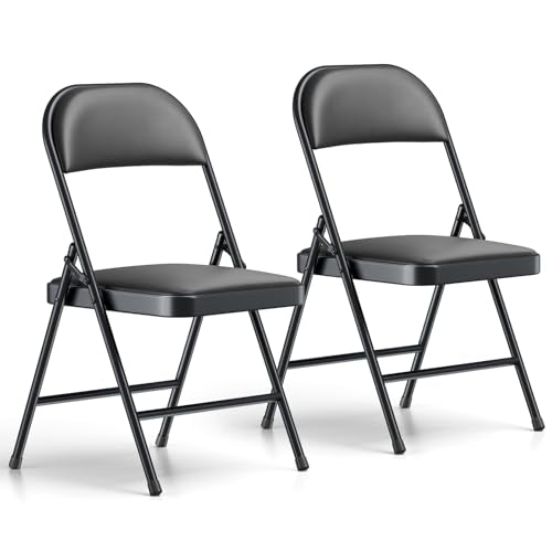 Folding Chairs 2 Pack, PU Leather Padded Folding Chairs for Outside and Indoor, Heavy Duty Portable Foldable Metal Commercial Seat for Home Office, Dorm, Party, Backyard, Lawn, Patio, Black - color: Black, size: 2 Pack