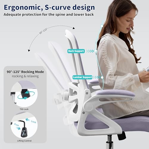 Ergonomic Office Chair, Desk Chair with Adjustable Lumbar Support, Breathable Mesh Comfy Computer Chairs with Flip-up Armrests Executive Task Chair for Adults Home Office(Lavender) - color: Lavender