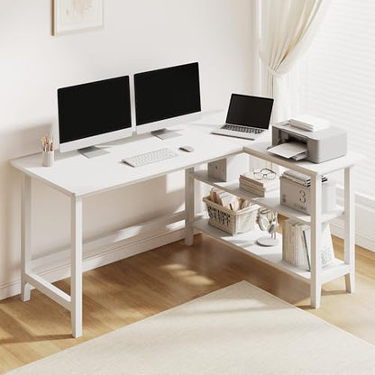 IOTXY 53" Reversible L-Shaped Office Desk with Storage Shelves, White - color: White, size: 53-inch