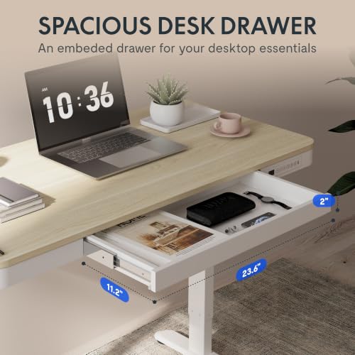 FLEXISPOT Comhar 48" Electric Standing Desk with Storage, Built-in Drawer & USB Charging Ports, Height Adjustable Sit Stand Computer Desk, Quick Assembly, Child Lock, Light Maple Finish/White Legs - size: 48"White Wood Grain