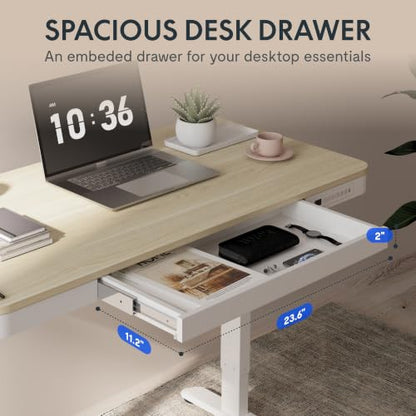 FLEXISPOT Comhar 48" Electric Standing Desk with Storage, Built-in Drawer & USB Charging Ports, Height Adjustable Sit Stand Computer Desk, Quick Assembly, Child Lock, Light Maple Finish/White Legs - size: 48"White Wood Grain