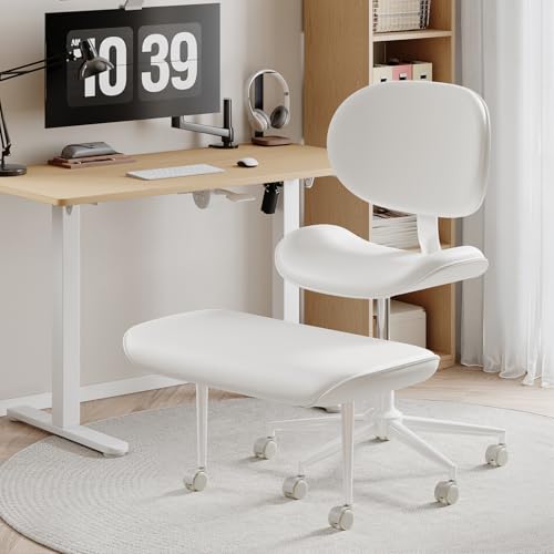 Cross Legged Office Chair with Wheels for ADHD, Ergonomic 360° Swivel Height-Adjustable Meditation Chair for Yoga, Wide Kneeling Chair with Strong Lumbar Support, PU Leather, Off White - color: Off White-pu