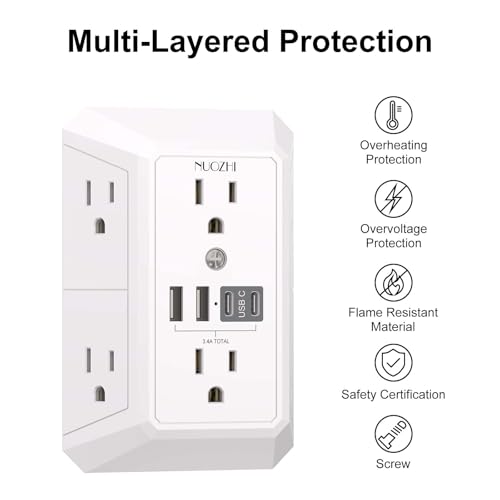 Outlet Extender Surge Protector - NUOZHI 6 Outlet Splitter with 4 USB Ports(2 USB-C), Multi Plug Wall Outlet 1680J Power Strip for Home Office Dorm Room Essentials, ETL, White - color: White(Non-Night Light), size: 6 Outlets