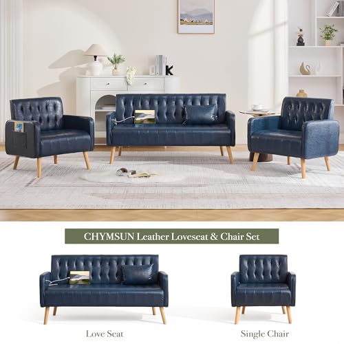 Leather Accent Chair Set of 2, Living Room Chair with Wooden Legs (Blue) | CHYMSUN, Mid-Century Modern, Tufted Backrest, Side Pocket, Cozy, Comfy Armchair, Office, Living Room, Waiting Room - color: Blue, size: 2