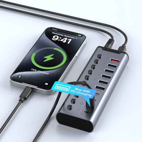 Powered USB Hub, Individual Switches and 24V/3A Power Adapter - color: Gery