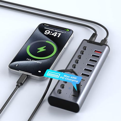 Powered USB Hub, Individual Switches and 24V/3A Power Adapter - color: Gery