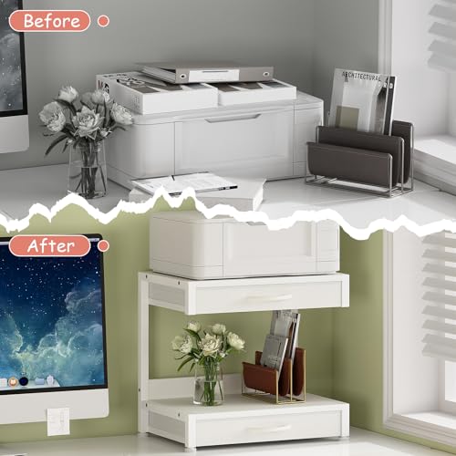 VENNQD 2-Tier Desktop Printer Stand with 2 Fabric Drawers, Prtiner Table with Storage Shelf, Desk Organizer for Home Office,3D Printer,Fax Machine,Scanner (White, 2 Tier) - color: White