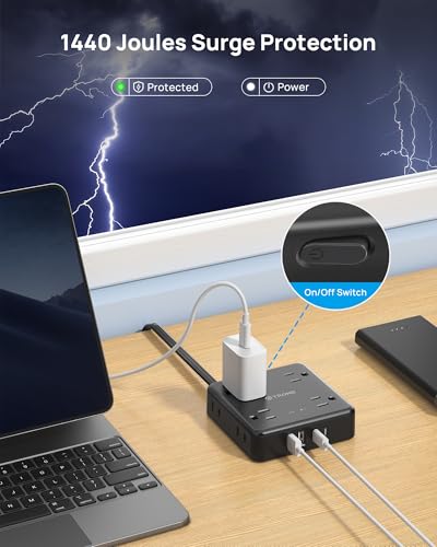 TROND 360° Rotating Flat Plug Power Strip 10ft, 8 AC & 4 USB (2U2C), Black - color: Black, size: 10FT, style: Rotating Plug-2U2C