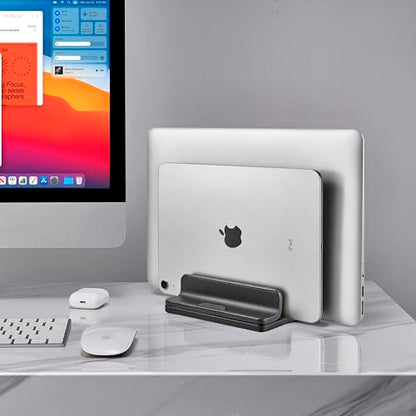 Dual Vertical Laptop Stand, 3 in 1 Upright Desktop Stand Holder with Adjustable Dock (Up to 17.3''), Leather Laptop Rack Storage Desk Organizer for Phone, Tablet, MacBook/HP/Dell/Chrome Book (Black) - color: Black