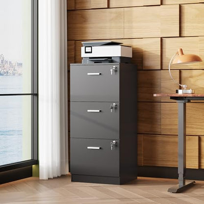 DEVAISE 3 Drawer Wood File Cabinet with Lock, Printer Stand, Black - color: Black