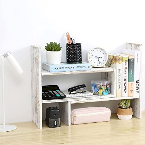 MyGift Adjustable Whitewashed Solid Wood Desktop Storage Organizer Display Shelf Book Rack, Office Desk Bookshelf - color: Whitewashed