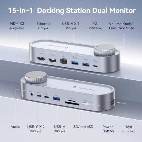 TobenONE USB C Laptop Docking Station Dual Monitor, 100W PD, 5×USB 10Gbps | 15-in-1 Dual HDMI 4K@60Hz, Volume Knob, 100W Charger, Ethernet Audio SD/TF for Dell/Lenovo/HP/Windows(No Power Adapter)