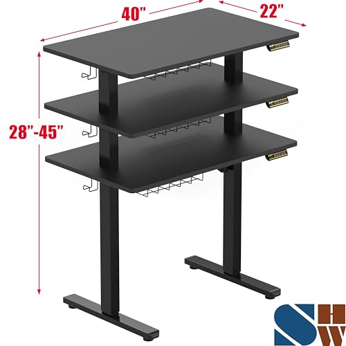 SHW 40 x 22 Electric Height Adjustable Sit to Stand Desk, Black | with Hanging Hooks and Cable Management, Black Frame and Black Top - color: Black, size: 40-Inch