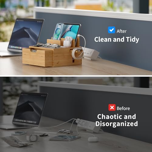 Pezin & Hulin Charging Station Dock with Charger HUB and Cables-Natural | Nightstand Docking Station with Lined Tray & Drawer for Multi Device, Compatible with Tablet, Cell Phones, Watch & Earbuds - color: Natural (With Charger)