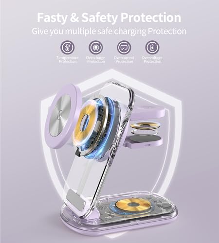 Mukiya 3 in 1 Magnetic Wireless Charging Station for Apple Devices | Fast Travel Charger Stand with Night Light for MagSafe-enabled iPhone 17 16 15 14 13 12 Series, Apple Watch/AirPods Pro, PU - color: Purple