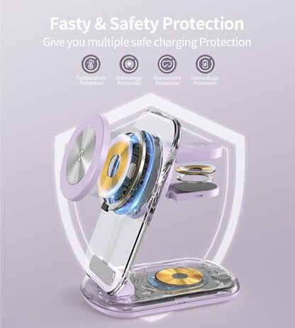 Mukiya 3 in 1 Magnetic Wireless Charging Station for Apple Devices | Fast Travel Charger Stand with Night Light for MagSafe-enabled iPhone 17 16 15 14 13 12 Series, Apple Watch/AirPods Pro, PU - color: Purple