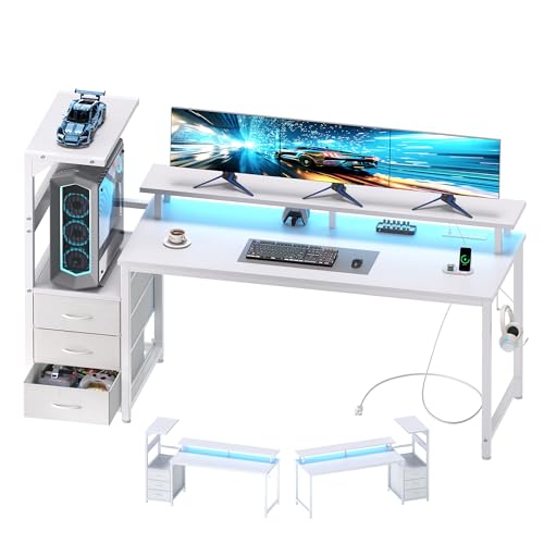 59" Reversible Gaming Desk with LED Lights Power Outlets, White | Computer Desk with Drawers Can be Used to Store Odds and Handles, Elevated PC Stand To Help You Showcase Your DIY Cases. - color: White, size: 60 In