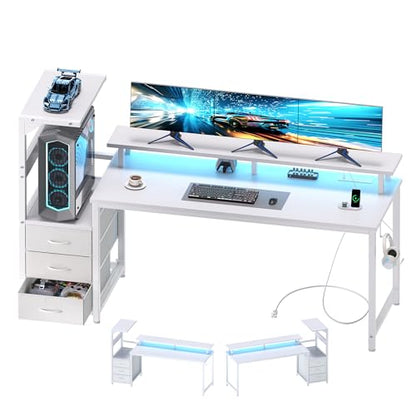 59" Reversible Gaming Desk with LED Lights Power Outlets, White | Computer Desk with Drawers Can be Used to Store Odds and Handles, Elevated PC Stand To Help You Showcase Your DIY Cases. - color: White, size: 60 In