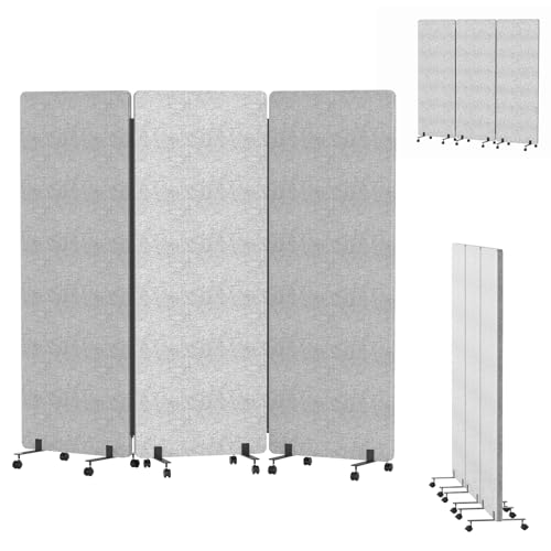 Soundproof Room Divider with Wheels, 66in Acoustic Room Divider Panel, 3 Panel Office Partition Wall for Noise Cancelling, Portable Temporary Wall Cubicle Divider (Light Grey) - color: Light Grey