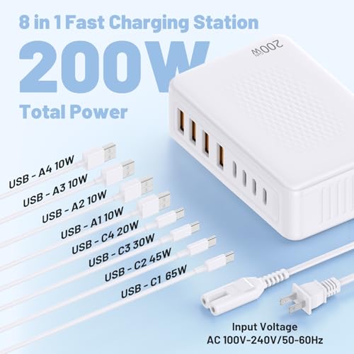 8-Port USB C Charging Station,65W GaN USB C Charger Block,PD 3.0 Desktop Charger, Power Strip Adapter Compatible with iPhone 17/16/15/14,MacBook Air/Pro,DELL, iPad Pro,Galaxy and More,White - color: WHITE