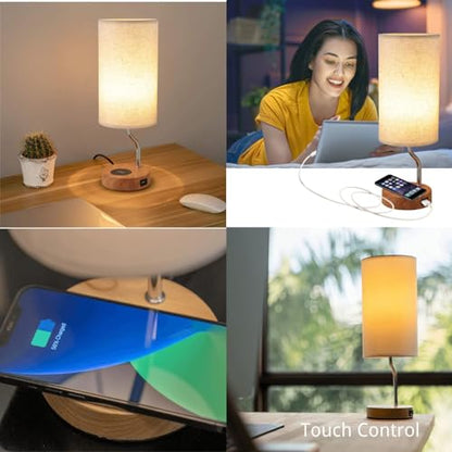 Upgraded Smart Bedside Table Lamp with Wireless Charger & USB Port - Touch Control LED Desk Lamp for Bedroom, Dimmable Wooden Nightstand Lamp with Fabric Shade for Home Living Room, Kid's Room Cream - color: Cream