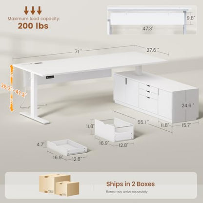 SEDETA 71" Executive Large L Shaped Electric Standing Desk, White | Height Adjustable Executive Desk with 3 Drawers and Cabinet,Sit Stand Up Home Office Desk with Power Outlets & Side Hook - color: White