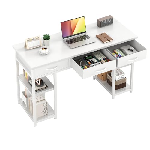 CAIYUN 43 Inch Home Office Desk,Computer Desk with 3 Fabric Drawers&CPU Stands,Laptop Desk with Storage Shelves, Work/Writing/Study Table for Bedroom - color: White, size: 43 inch