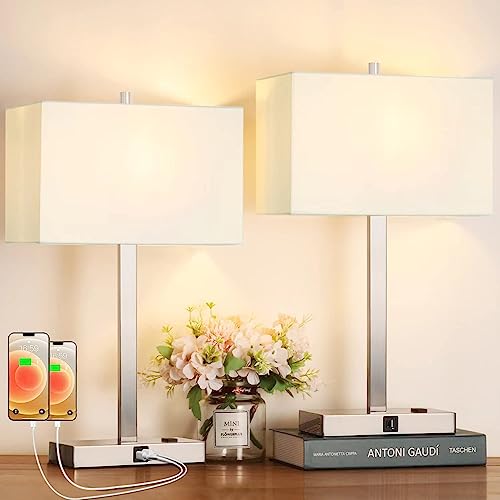21" Touch Bedside lamps with 2 USB & AC Outlets, 3-Way Dimmable Bedside Table Lamps Set of 2 for Bedroom Living Room Office Reading, White Shade Lamps for Night Stands, 3000K LED Bulbs Included - color: White Cream Linen & Brushed Nickel