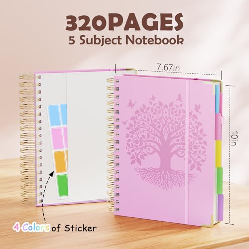 QIYVLOS Hardcover Spiral Notebook, B5 Journal with Removable Dividers Tabs, 5 Subject Notebook College Ruled, 320 Pages 8"x10" Leather Notebooks for Work School Study, Lined Journal for Women, Pink - color: B5/Pink