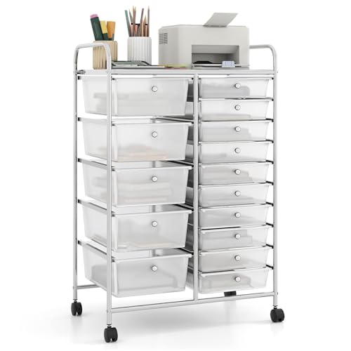 RELAX4LIFE 15-Drawer Rolling Storage Cart - Utility Cart with Metal Frame, Lockable Wheels & Removable Drawers, Multipurpose Art Craft Organizer for Home Office, Classroom (Clear) - color: Clear, style: 15 Drawers-38"