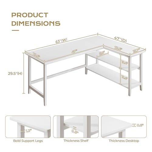 IOTXY 63" Reversible L-Shaped Office Desk with Storage Shelves, White - color: White, size: 63-inch