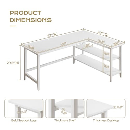 IOTXY 63" Reversible L-Shaped Office Desk with Storage Shelves, White - color: White, size: 63-inch