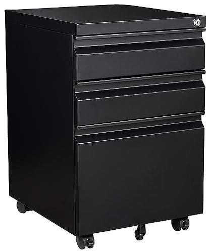 Fesbos 3 Drawer Mobile Metal File Cabinet, Black Filling Cabinets with Lock, Pre-Built Office Storage File Cabinet with Wheels Under Desk - Assembled Required - color: Black, size: 14.5"W-3 Drawers-Un-assembled