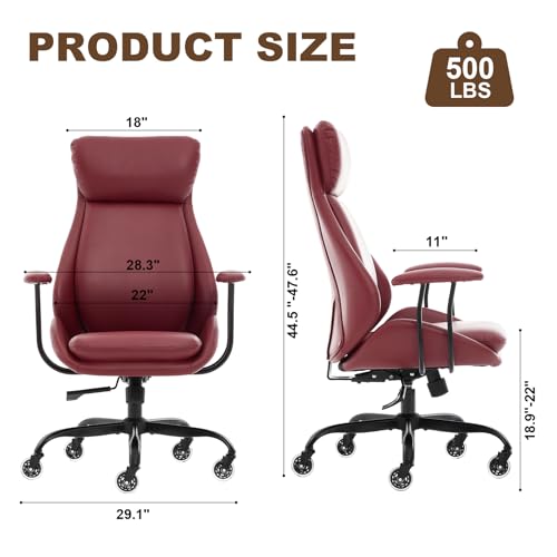 Leather Executive Office Chair, Computer Desk Chair, Red | Ergonomic, Rubber Wheels, Lumbar Support, 360° Swivel, High Back, Adjustable Height, for Modern Home Office - color: Crimson Red