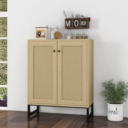 Panana Rattan Decorated 2 Doors Storage Cabinet Accent Cabinet Living Room Cupboard Kitchen Sideboard Buffet Table (Natural)