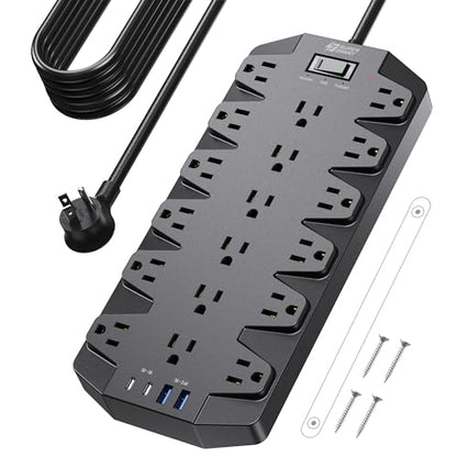 SUPERDANNY 18 AC Power Strip Surge Protector, 15FT, Flat Plug, 1875W/15A - color: Black, size: 15 FT